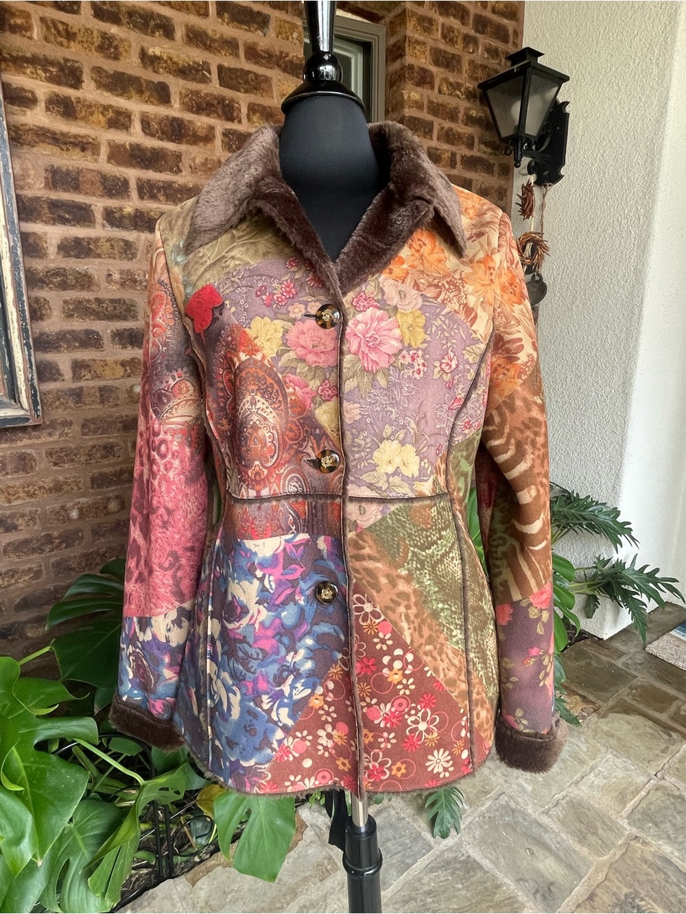 Sacred Threads Multicolor Floral Patchwork Peacoat with Faux Fur Collar